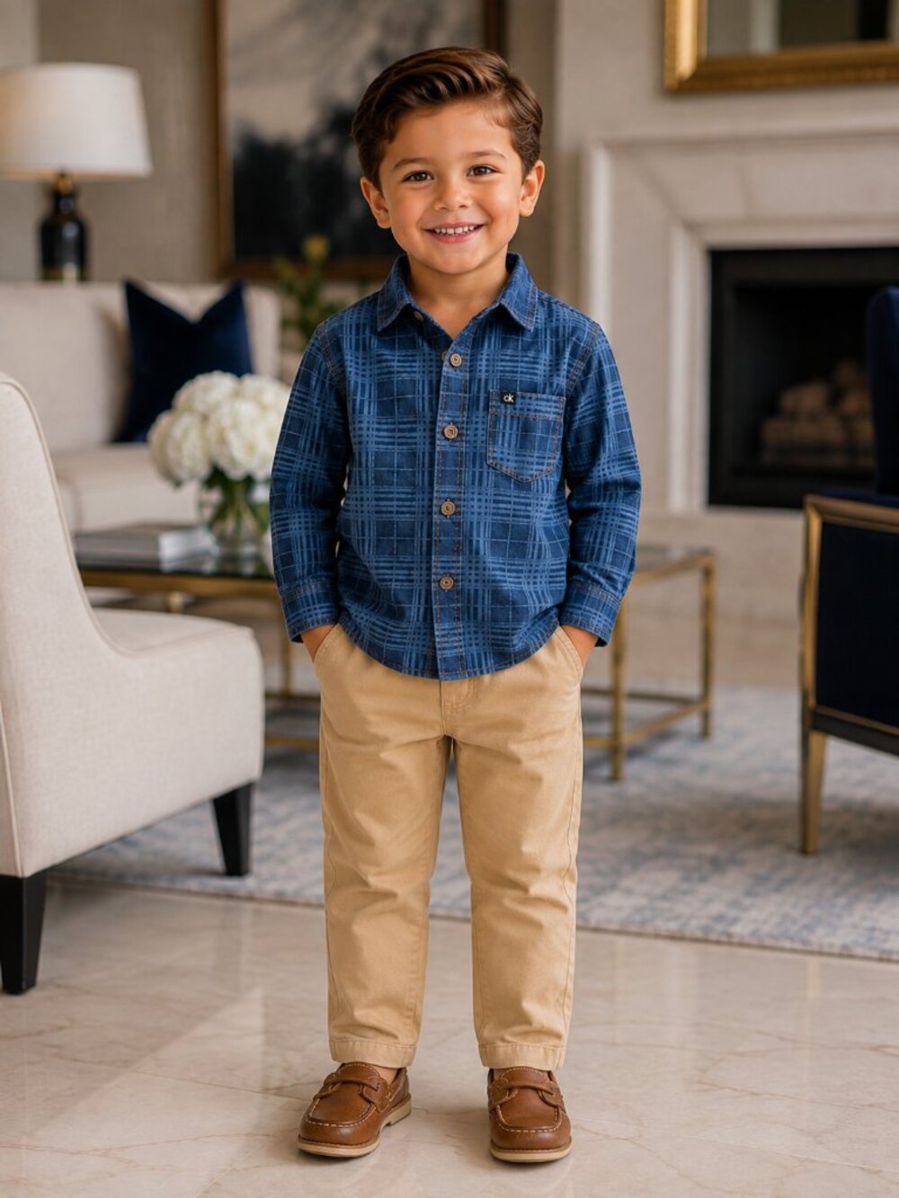 NWT Calvin Klein Boys 2-Piece Outfit Set Size 3T Blue Plaid Shirt Khaki Pants